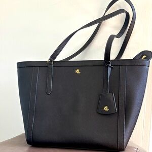 Ralph Lauren Black Crosshatch Leather Medium Clare Tote with Gold Accents